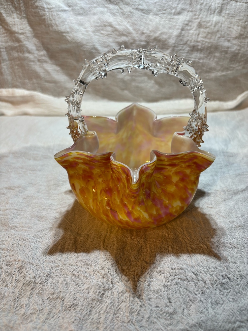 Bohemian Franz Welz Pink Orange Yellow Splatter Glass Basket w/thorn handle.
